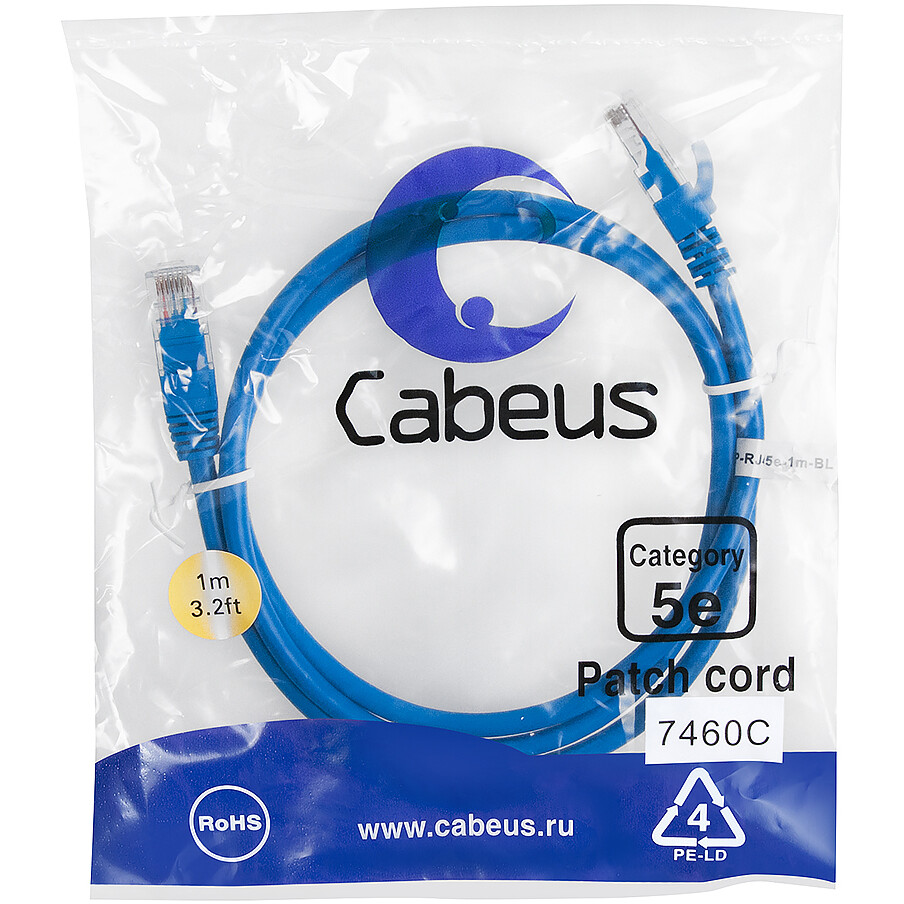 Патч-корд Cabeus PC-UTP-RJ45-Cat.5e-1m-BL, 1м - фото 2