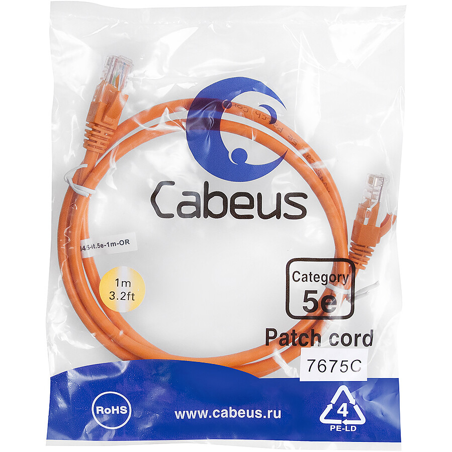 Патч-корд Cabeus PC-UTP-RJ45-Cat.5e-1m-OR-LSZH, 1м - фото 2