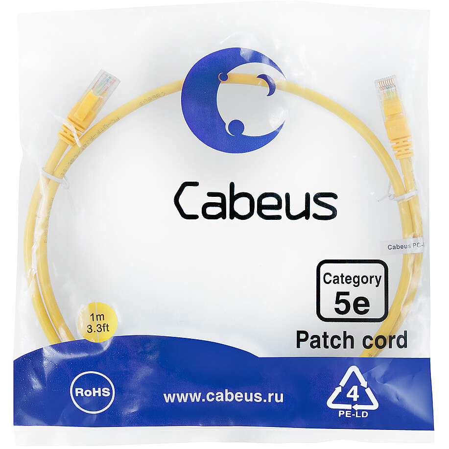 Патч-корд Cabeus PC-UTP-RJ45-Cat.5e-1m-YL-LSZH, 1м - фото 2