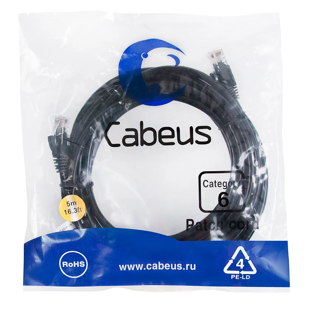 Патч-корд Cabeus PC-UTP-RJ45-Cat.6-5m-BK, 5м - фото 2