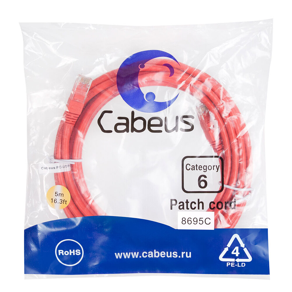 Патч-корд Cabeus PC-UTP-RJ45-Cat.6-5m-RD, 5м - фото 2