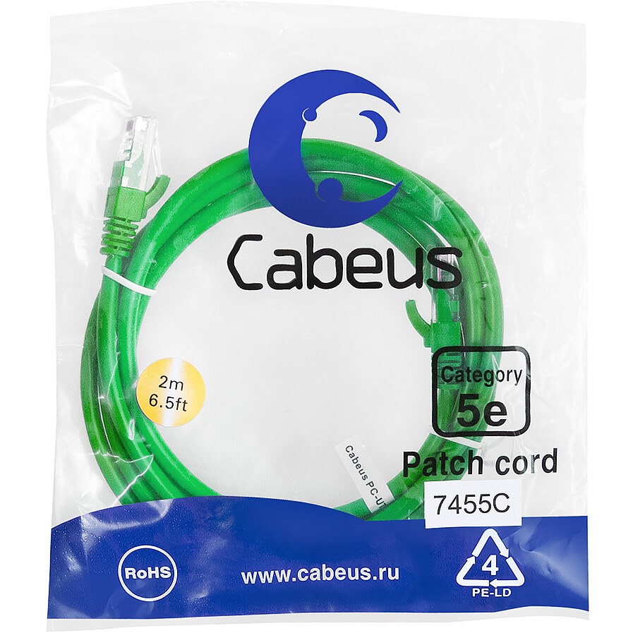 Патч-корд Cabeus PC-UTP-RJ45-Cat.5e-2m-GN-LSZH, 2м - фото 2