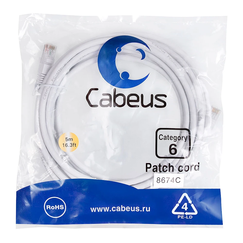 Патч-корд Cabeus PC-UTP-RJ45-Cat.6-5m-WH, 5м - фото 2
