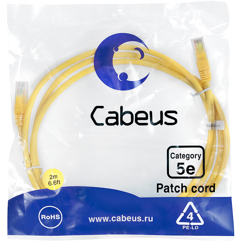 Патч-корд Cabeus PC-UTP-RJ45-Cat.5e-2m-YL, 2м - фото 2