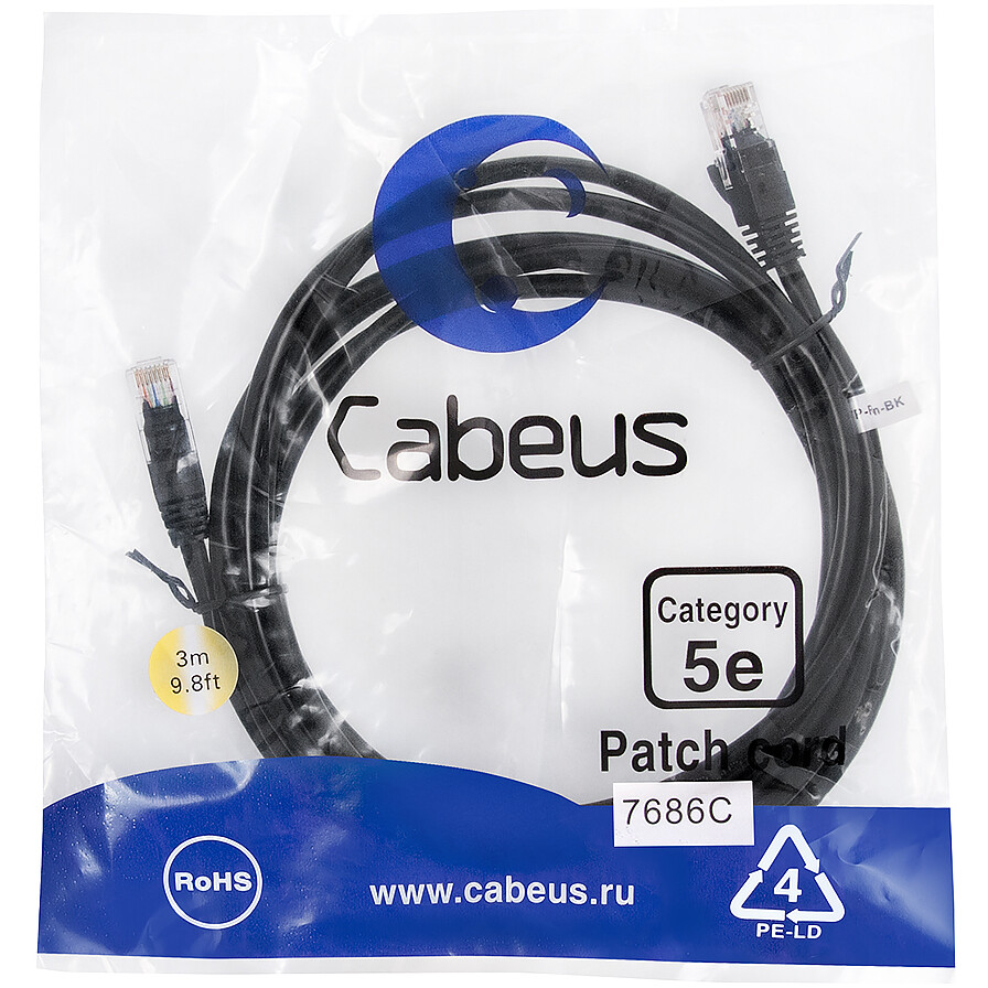 Патч-корд Cabeus PC-UTP-RJ45-Cat.5e-3m-BK, 3м - фото 2