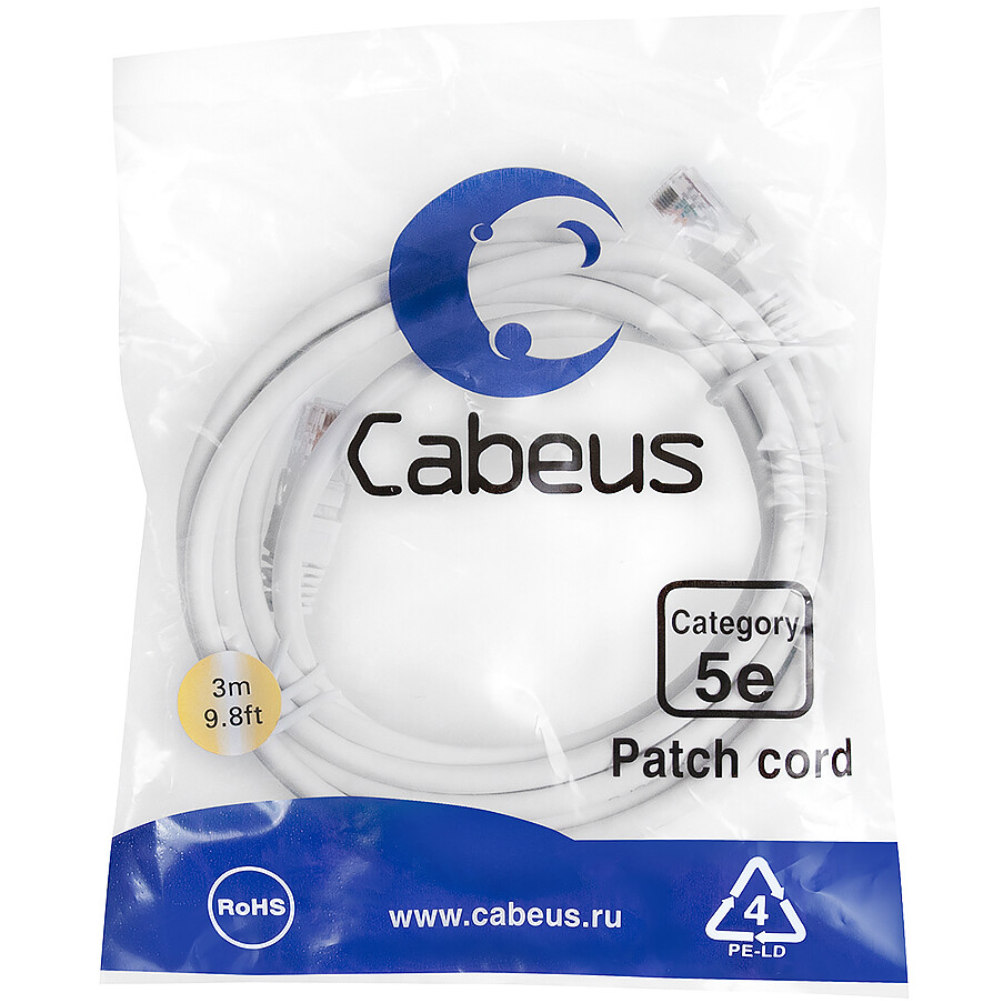 Патч-корд Cabeus PC-UTP-RJ45-Cat.5e-3m-WH-LSZH, 3м - фото 2