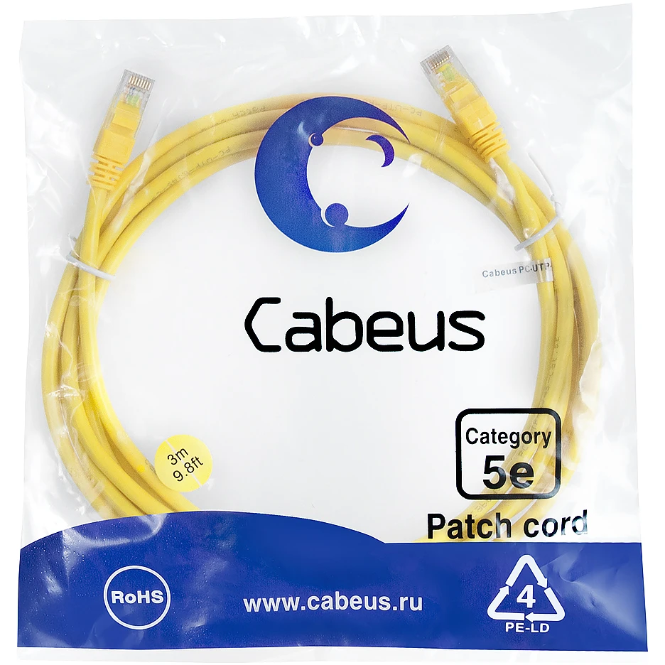 Патч-корд Cabeus PC-UTP-RJ45-Cat.5e-3m-YL, 3м - фото 2