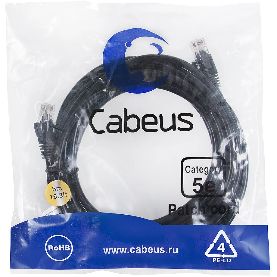 Патч-корд Cabeus PC-UTP-RJ45-Cat.5e-5m-BK, 5м - фото 2
