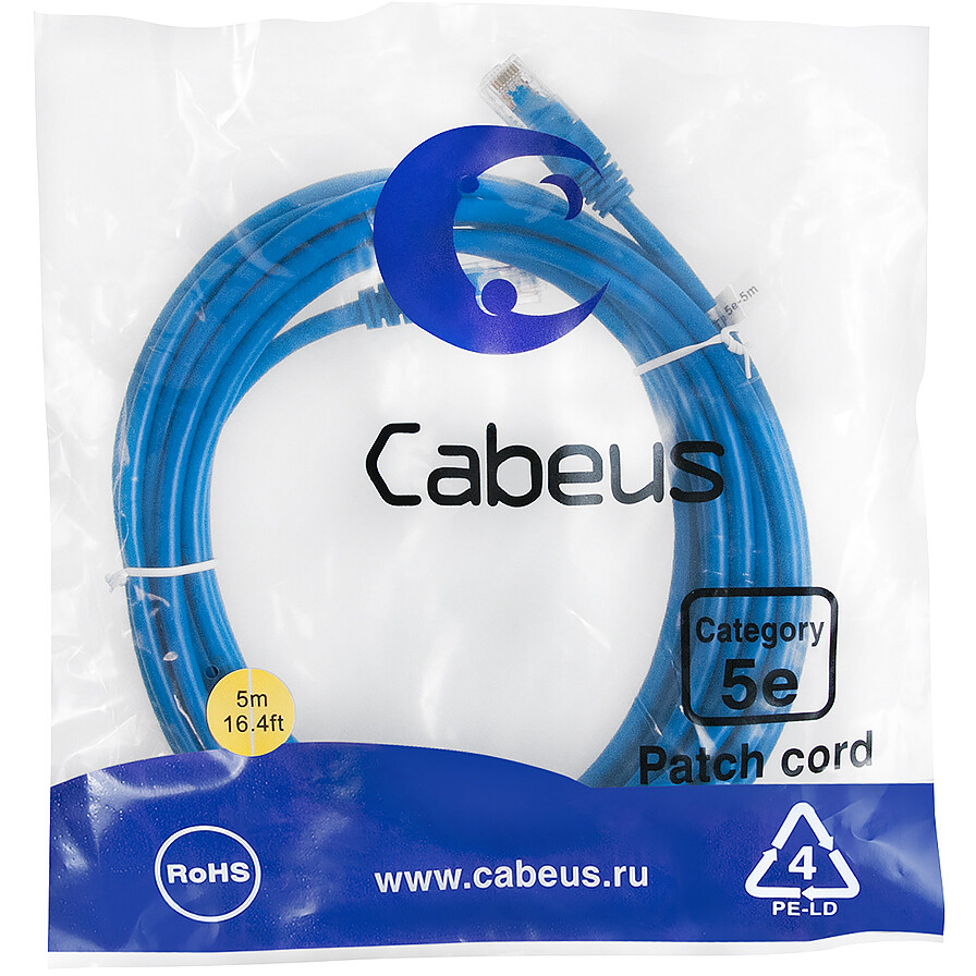 Патч-корд Cabeus PC-UTP-RJ45-Cat.5e-5m-BL, 5м - фото 2