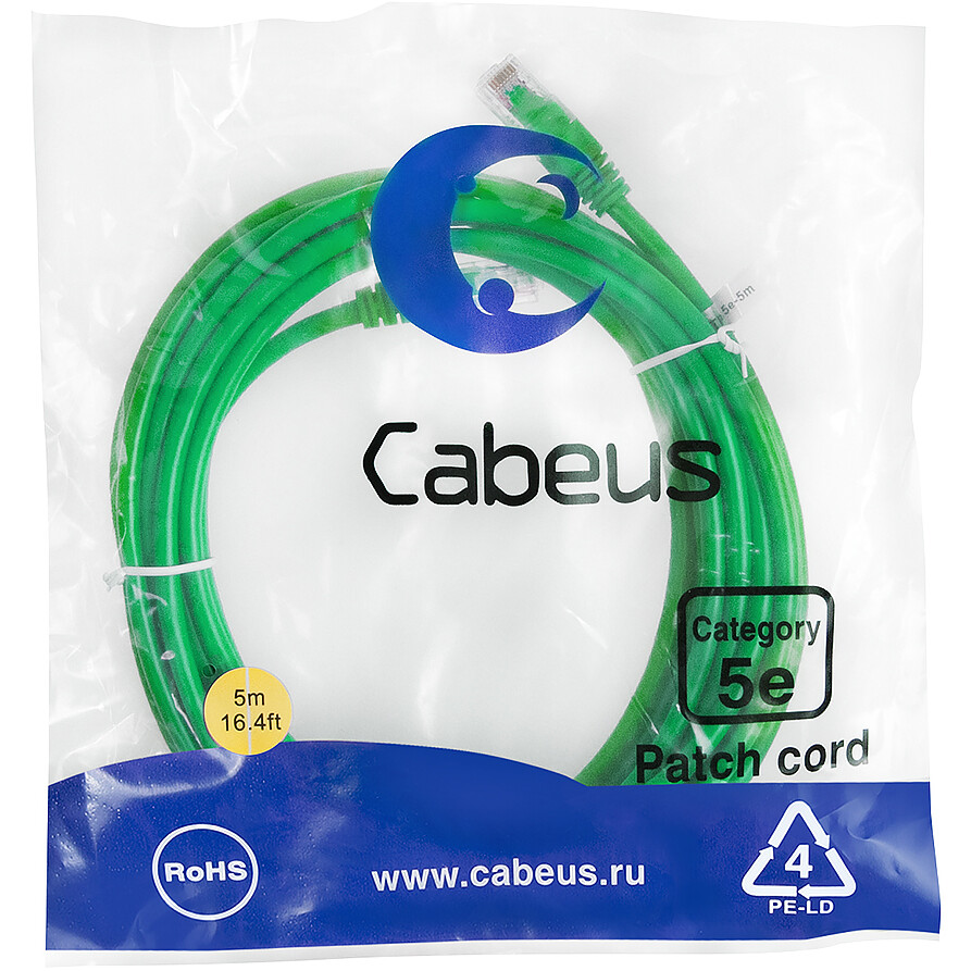 Патч-корд Cabeus PC-UTP-RJ45-Cat.5e-5m-GN-LSZH, 5м - фото 2