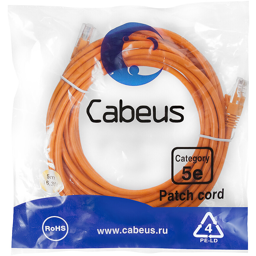 Патч-корд Cabeus PC-UTP-RJ45-Cat.5e-5m-OR, 5м - фото 2