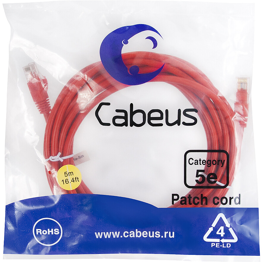 Патч-корд Cabeus PC-UTP-RJ45-Cat.5e-5m-RD-LSZH, 5м - фото 2
