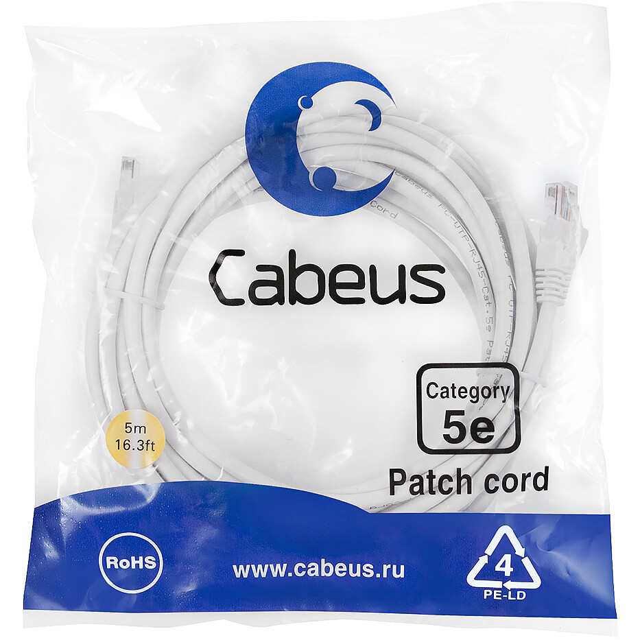 Патч-корд Cabeus PC-UTP-RJ45-Cat.5e-5m-WH, 5м - фото 2