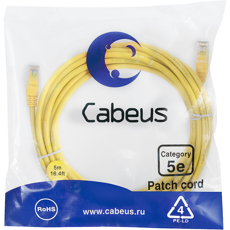 Патч-корд Cabeus PC-UTP-RJ45-Cat.5e-5m-YL-LSZH, 5м - фото 2