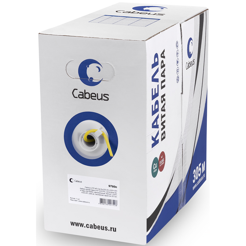 Бухта Cabeus UTP-4P-Cat.5e-SOLID-LSZH-YL, 305м - фото 2