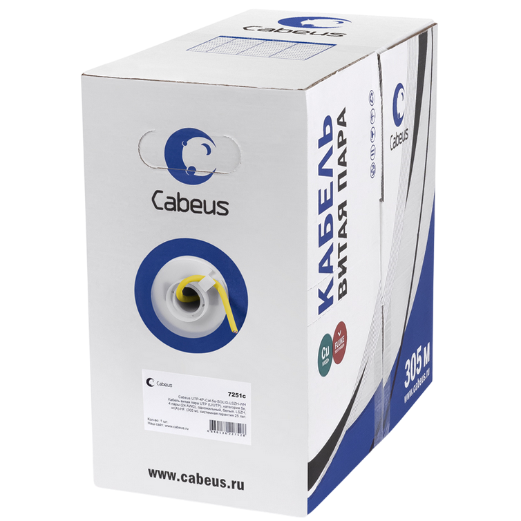 Бухта Cabeus UTP-4P-Cat.5e-SOLID-YL, 305м