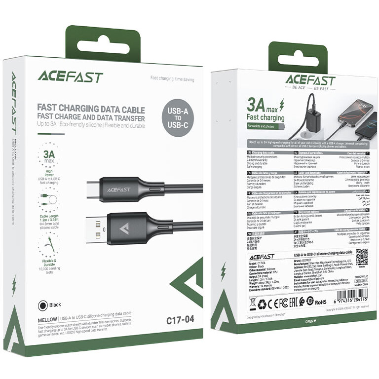 Кабель USB - USB Type-C, 1.2м, ACEFAST AF-C17-04-BK - фото 4