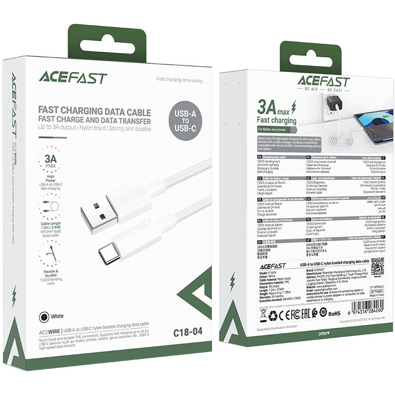 Кабель USB - USB Type-C, 1.2м, ACEFAST AF-C18-04-WH - фото 4
