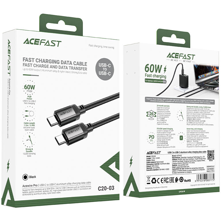 Кабель USB Type-C - USB Type-C, 1.2м, ACEFAST AF-C20-03-BK - фото 4