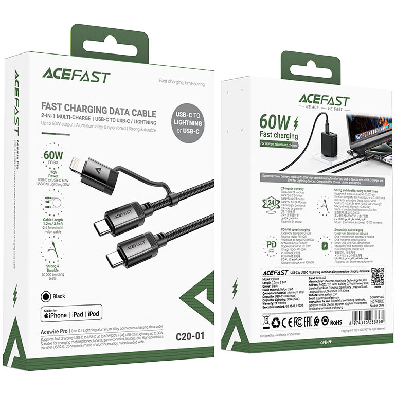 Кабель USB Type-C - USB Type-C/Lightning, 1.2м, ACEFAST AF-C20-01-BK - фото 4
