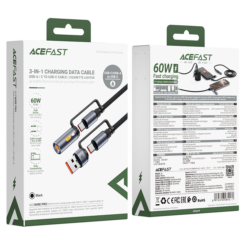 Кабель USB Type-C - USB/USB Type-C, 1.2м, ACEFAST AF-J6-BK - фото 4