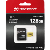 Карта памяти 128Gb MicroSD Transcend 500S + SD адаптер  (TS128GUSD500S)