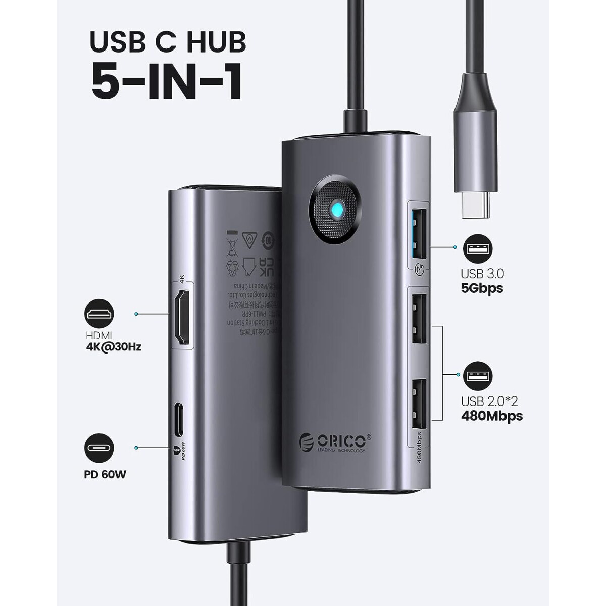 Док-станция Orico Type-C 5-in-1 5Gbps Multifunction Docking Station Gray - ORICO-PW11-5P-GY-EP - фото 2