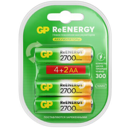 Аккумулятор GP ReEnergy (AA, 2600mAh, 6 шт.) (270AAHC4/2RGY-2CRCB6) - 4891199232244