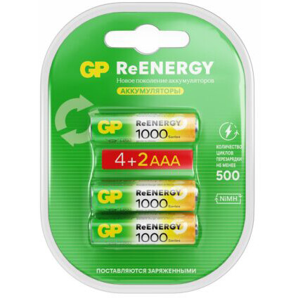 Аккумулятор GP ReEnergy (AAA, 950mAh, 6 шт.) (100AAAHC4/2RGY-2CRCB6)