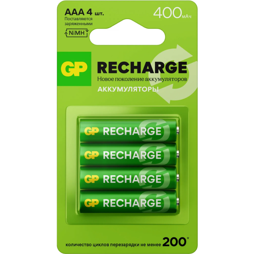 Аккумулятор GP Recharge (AAA, 400mAh, 4 шт.) (40AAAHCV-2CRSBC4)