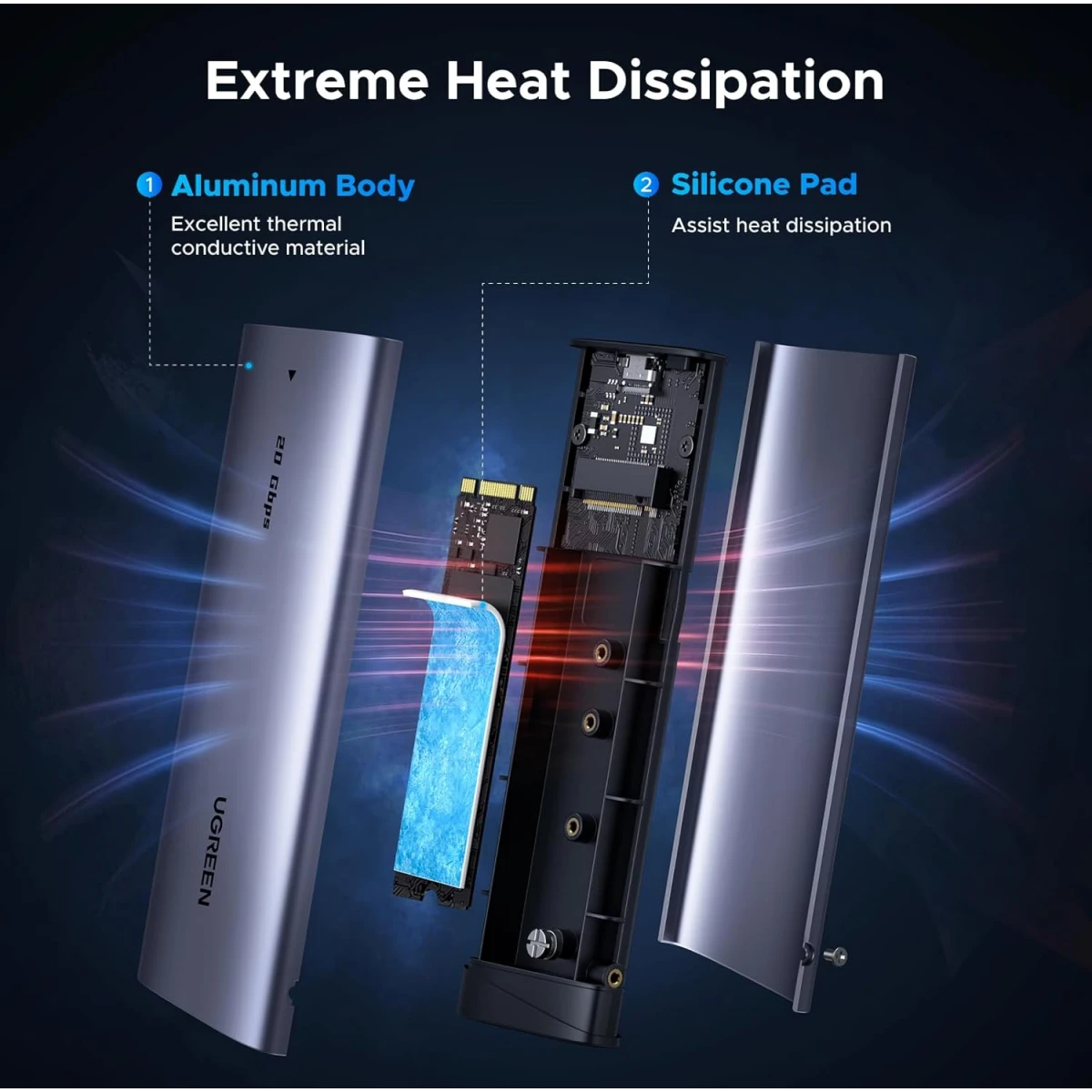 Внешний корпус для SSD M.2 UGREEN NVMe/SATA SSD Enclosure 20Gbps Space Gray (CM767) - 55150 - фото 4