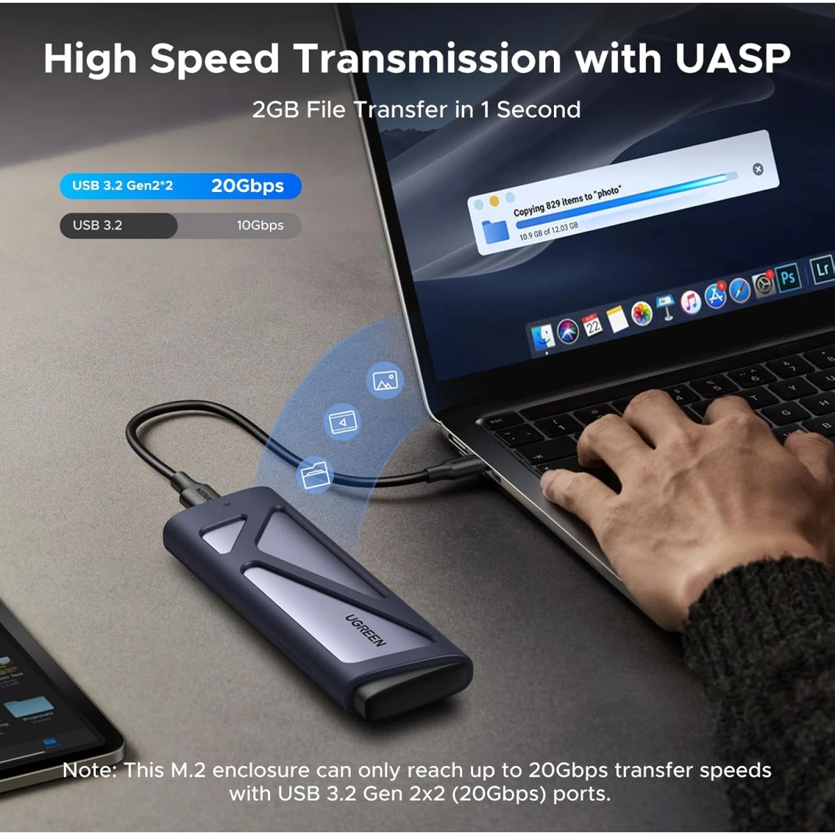 Внешний корпус для SSD M.2 UGREEN NVMe/SATA SSD Enclosure 20Gbps Space Gray (CM767) - 55150 - фото 6