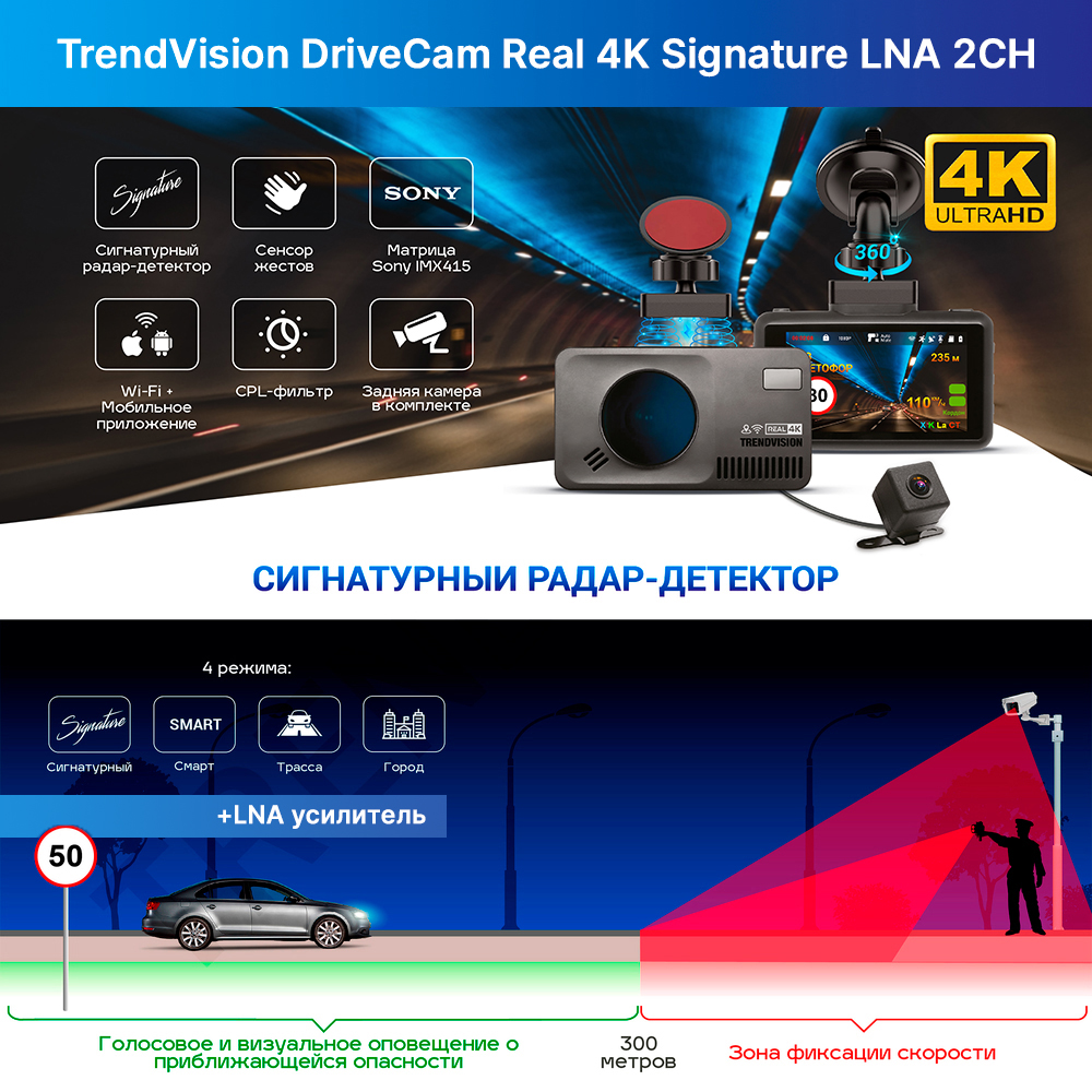 Автомобильный видеорегистратор TrendVision DriveCam Real 4K Signature LNA 2CH - фото 2