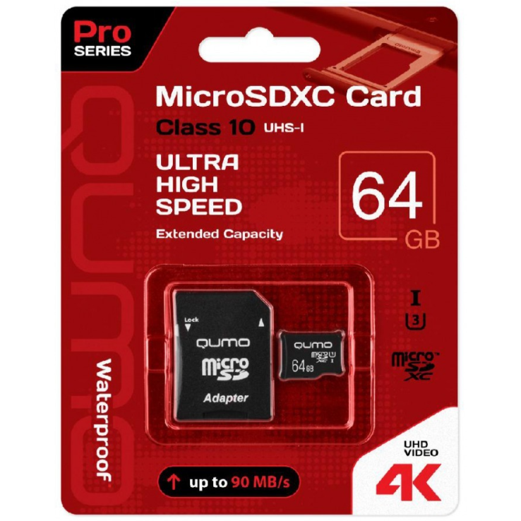 Карта памяти 64Gb MicroSD QUMO + SD адаптер (QM64GMICSDXC10U3BL)