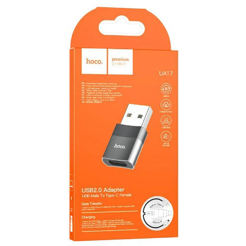 Переходник USB A (M) - USB Type-C (F), HOCO UA17 Black - 6931474762009 - фото 2