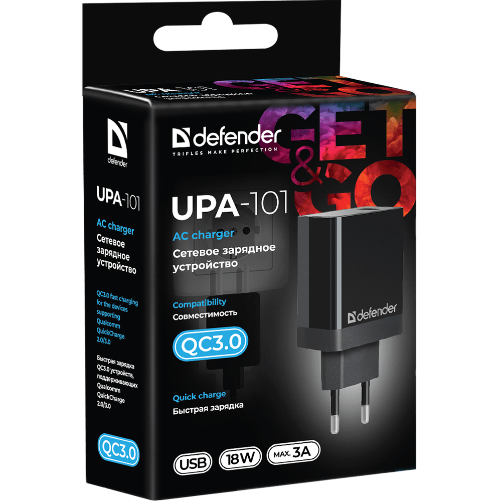 Устройство defender. Сетевое ЗУ Defender UPA-101 1 порт USB, 18w, QC 3.0. Адаптер 220в USB QC3.0 Defender UPA-101 3a черный (1/50). Сетевая зарядка Defender UPA-60. Defender UPA-101 83573.