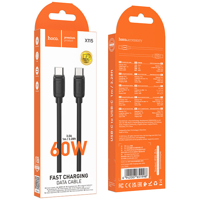 Кабель USB Type-C - USB Type-C, 1м, HOCO X115 Black - 51998 - фото 3