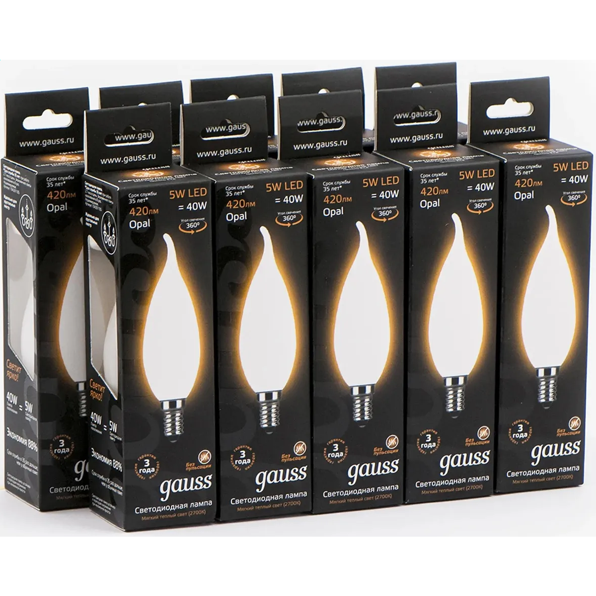 Филаментная лампочка Gauss Filament Candle Tailed OPAL 2700K (5 Вт, E14), 10 шт