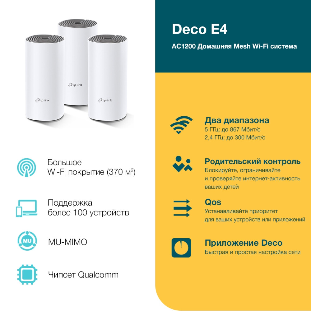 Mesh система TP-Link Deco E4 (3 шт.) - Deco E4(3-pack) - фото 3