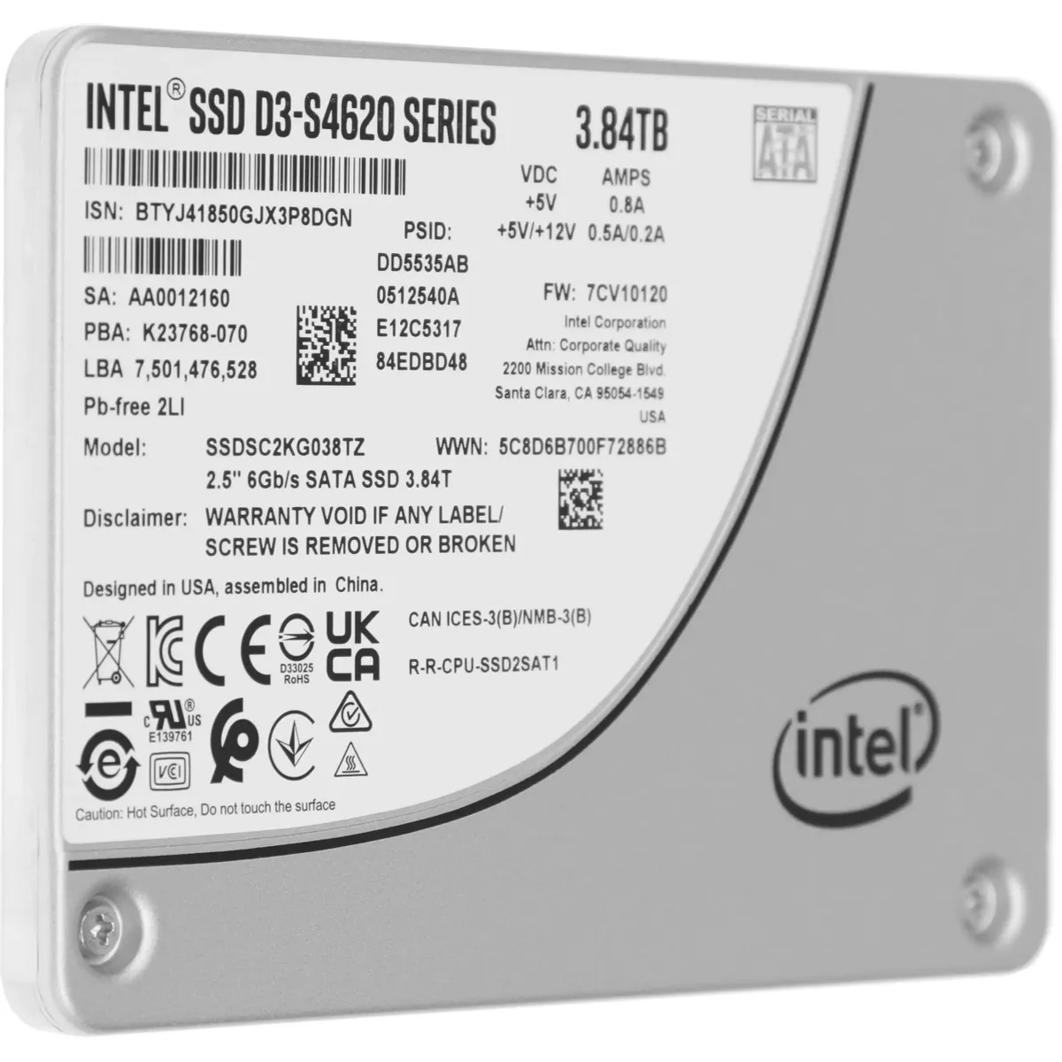 Накопитель SSD 3.84TB Intel D3-S4620 Series (SSDSC2KG038TZ01)
