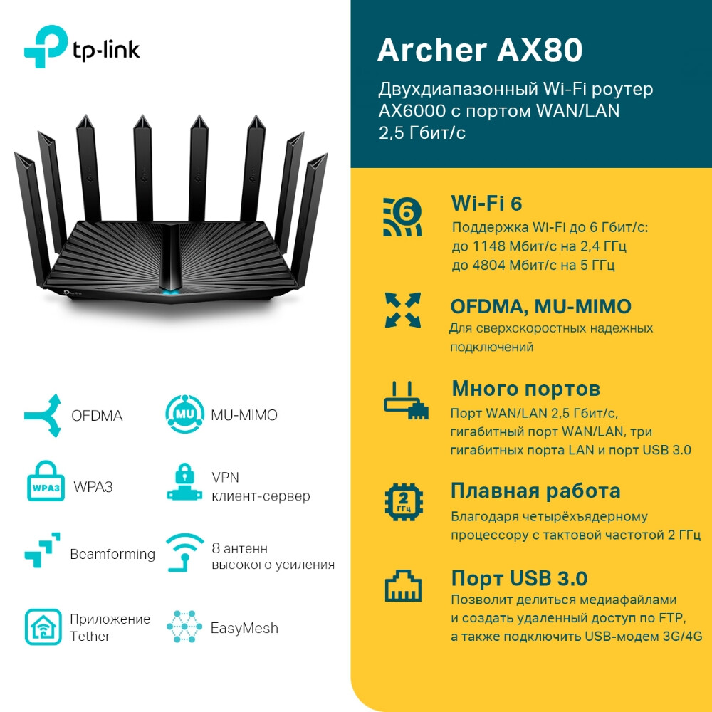 Wi-Fi маршрутизатор (роутер) TP-Link Archer AX80(RU) - фото 2
