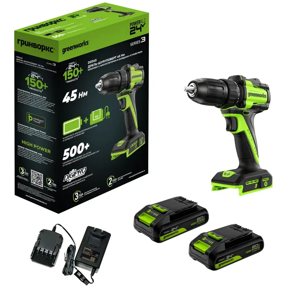 Дрель-шуруповёрт Greenworks DD345 (3708307CUC)