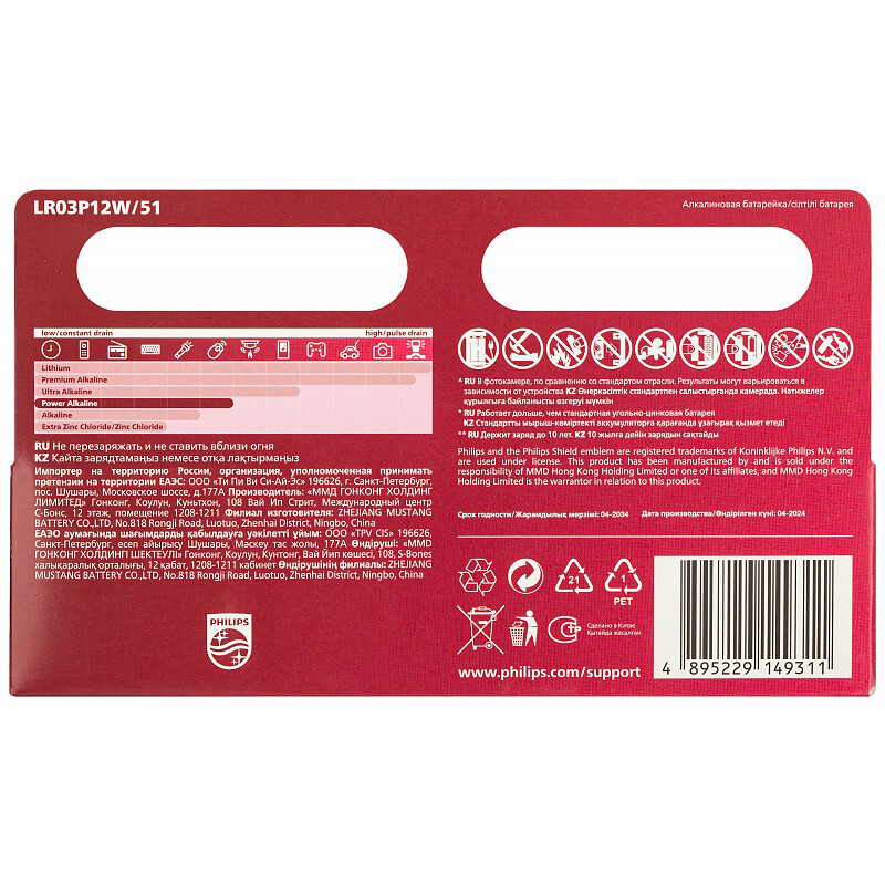 Батарейка Philips LR03P12W/51 (AAA, 12 шт.) - Б0064681 - фото 3