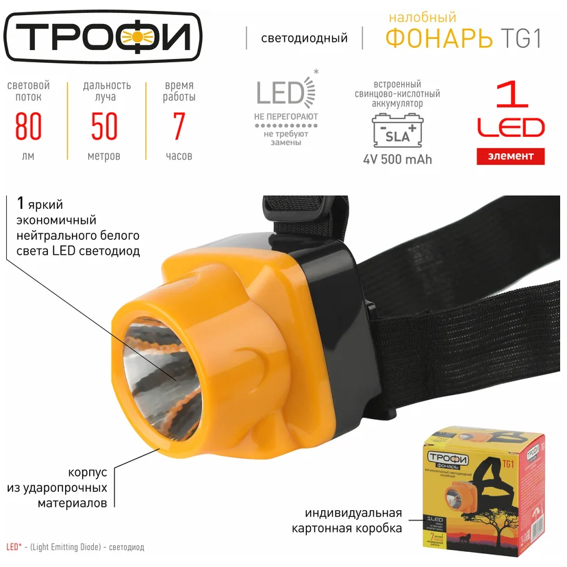 Фонарь налобный Трофи TG1 - Б0053033 - фото 5