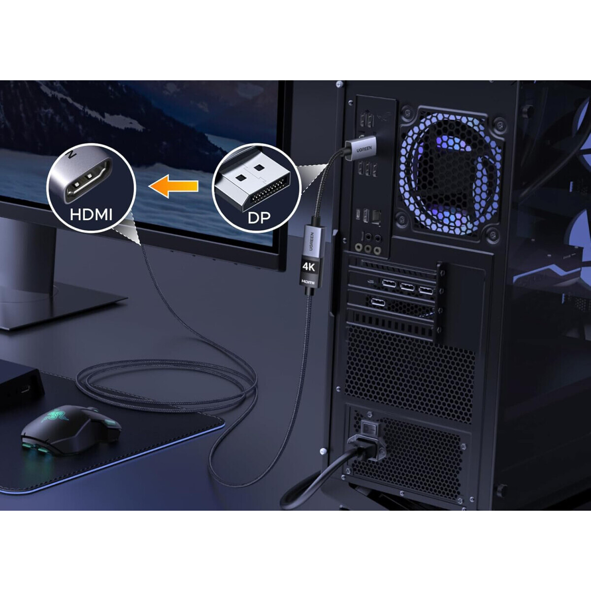 Кабель DisplayPort (M) - HDMI (F), 0.2м UGREEN DP133 - 65982S - фото 2