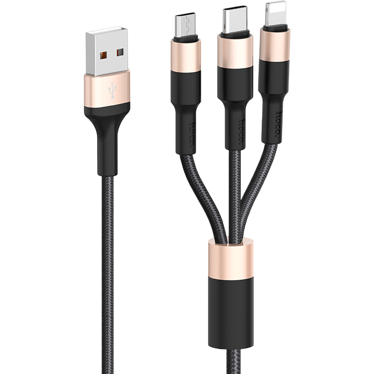 Кабель USB - microUSB/USB Type-C/Lightning, 1м, HOCO X26 Xpress Black/Gold - 80275