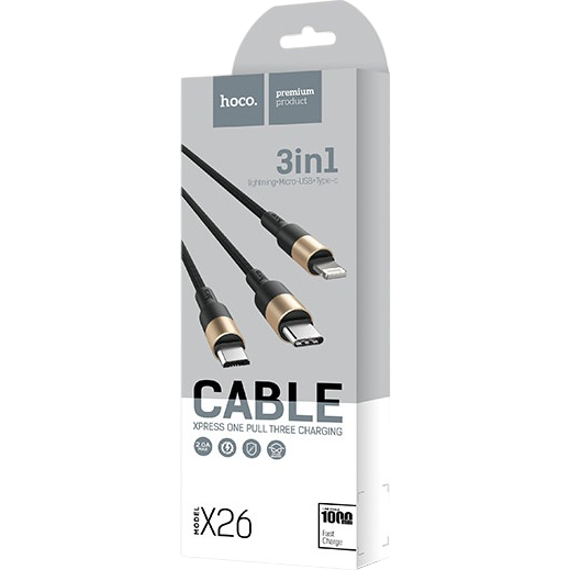 Кабель USB - microUSB/USB Type-C/Lightning, 1м, HOCO X26 Xpress Black/Gold - 80275 - фото 3