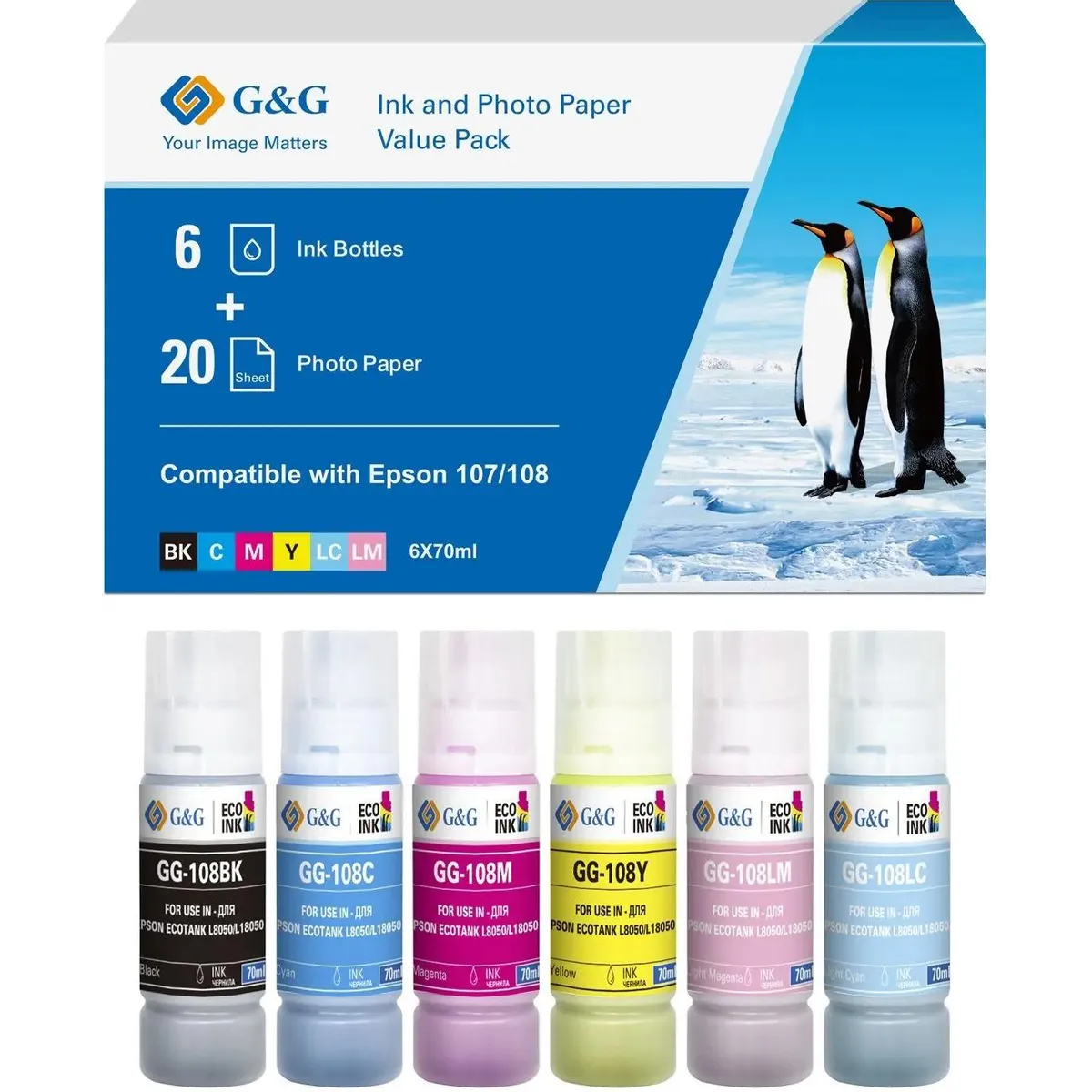 Чернила G&G GG-108-260G-4X6-20 Black/Cyan/Magenta/Light Cyan/Light Magenta/Yellow - фото 4