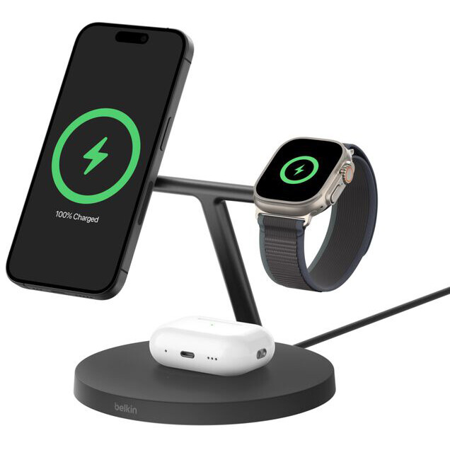Беспроводное зарядное устройство Belkin BoostCharge Pro 3-in-1 Wireless Charging Stand with Qi2 15W Black - WIZ032kqBK - фото 2