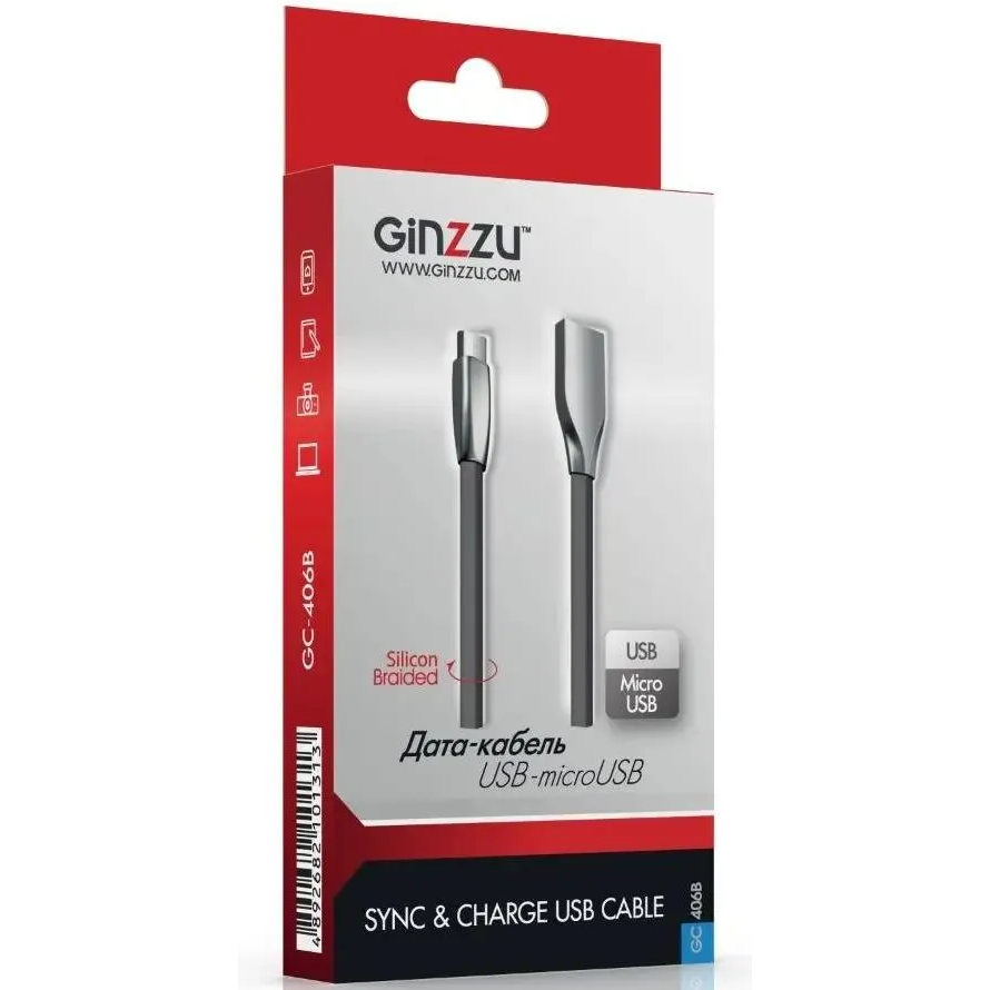 Кабель USB A (M) - microUSB B (M), 1м, Ginzzu GC-406B - 00-00001485 - фото 2